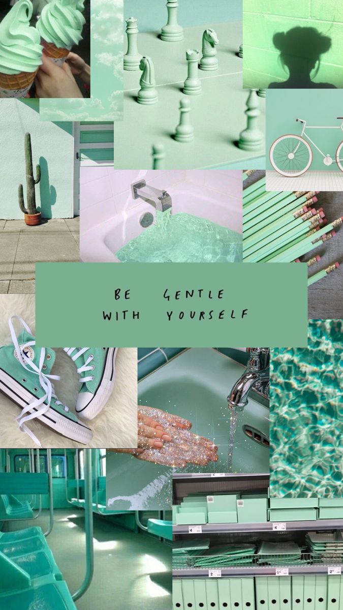 A collage of images in green and blue, including shoes, a bike, a sink, and a cactus. - Mint green