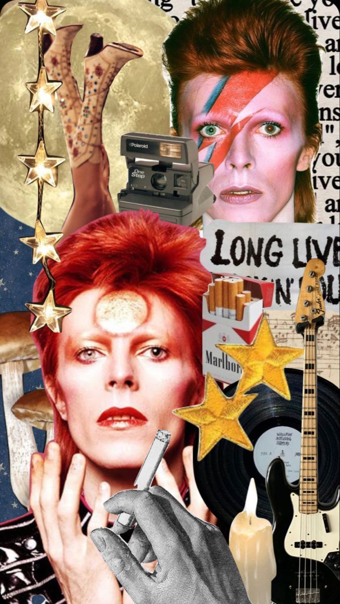 A collage of David Bowie images including his face, a guitar, and the words 
