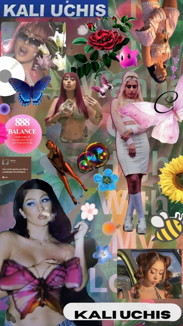 A collage of photos of Kali Uchis, a Latinx singer, surrounded by images of flowers, butterflies, and bees. - Kali Uchis