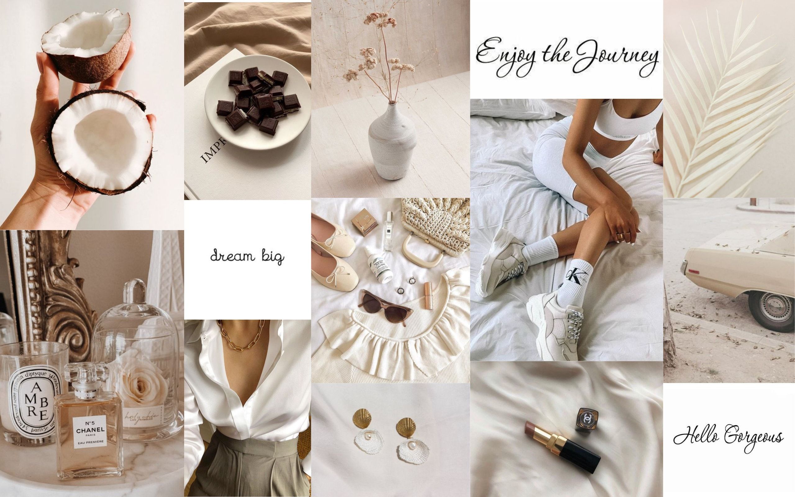 Aesthetic collage wallpaper with a white and beige color scheme. - Collage