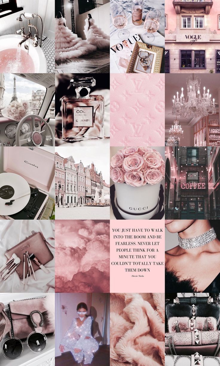 Aesthetic collage with pink and white photos of fashion, cars, perfume, and flowers. - Collage