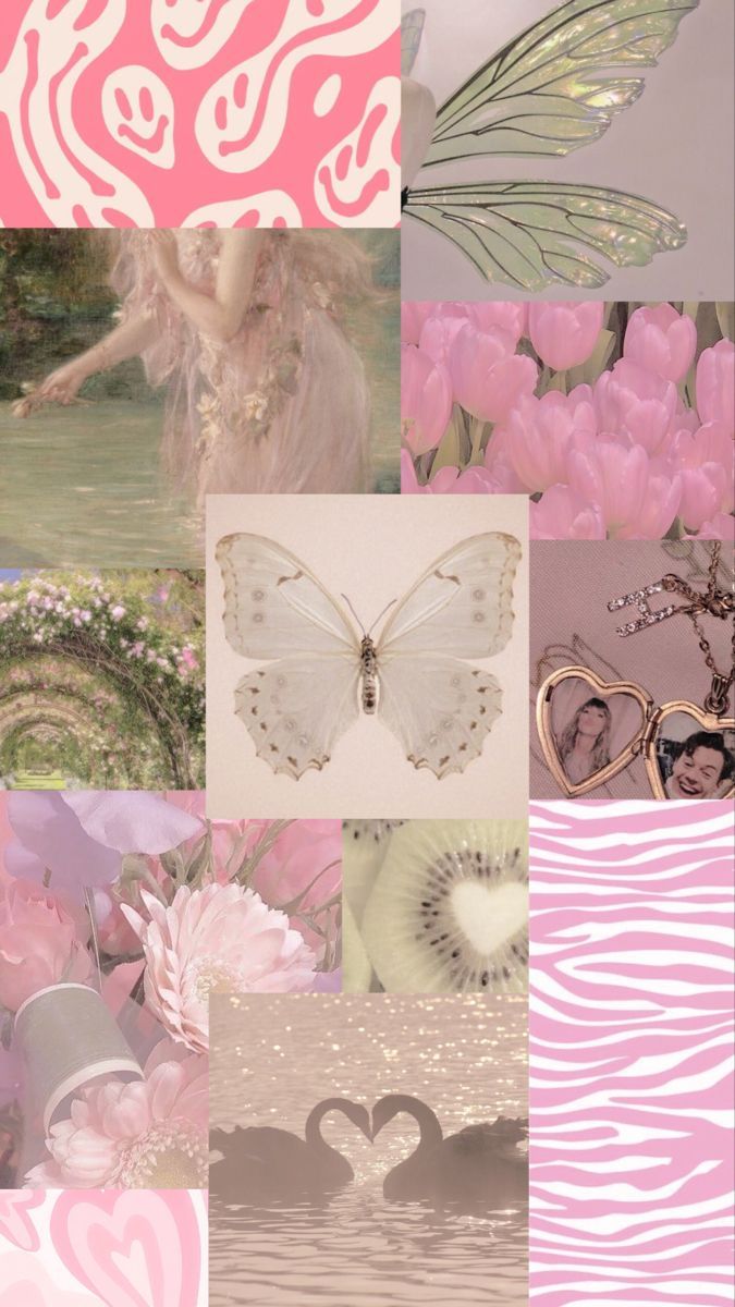 Aesthetic collage of pink and white images including a fairy, butterfly, flowers, and zebra print. - Collage