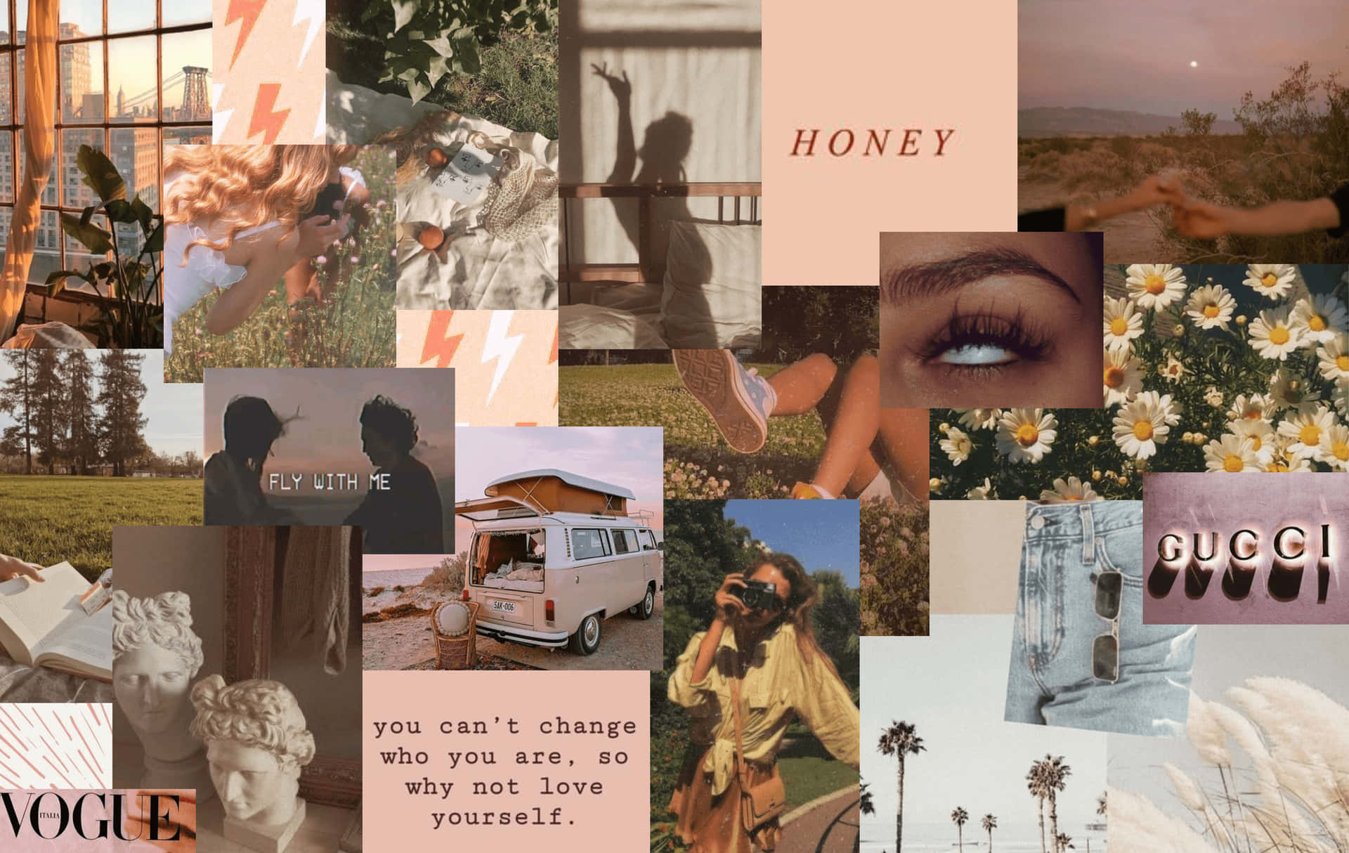 A collage of photos including a van, flowers, a girl taking a photo, and a girl with her eyes closed. - Collage