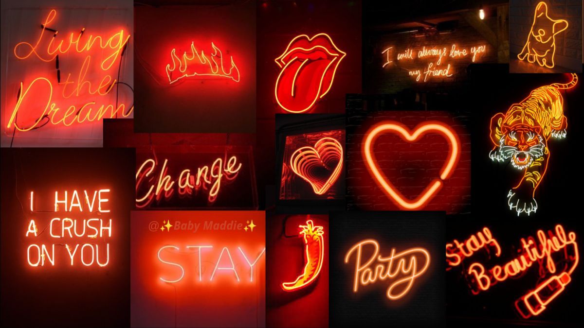 A collage of red neon signs that say 