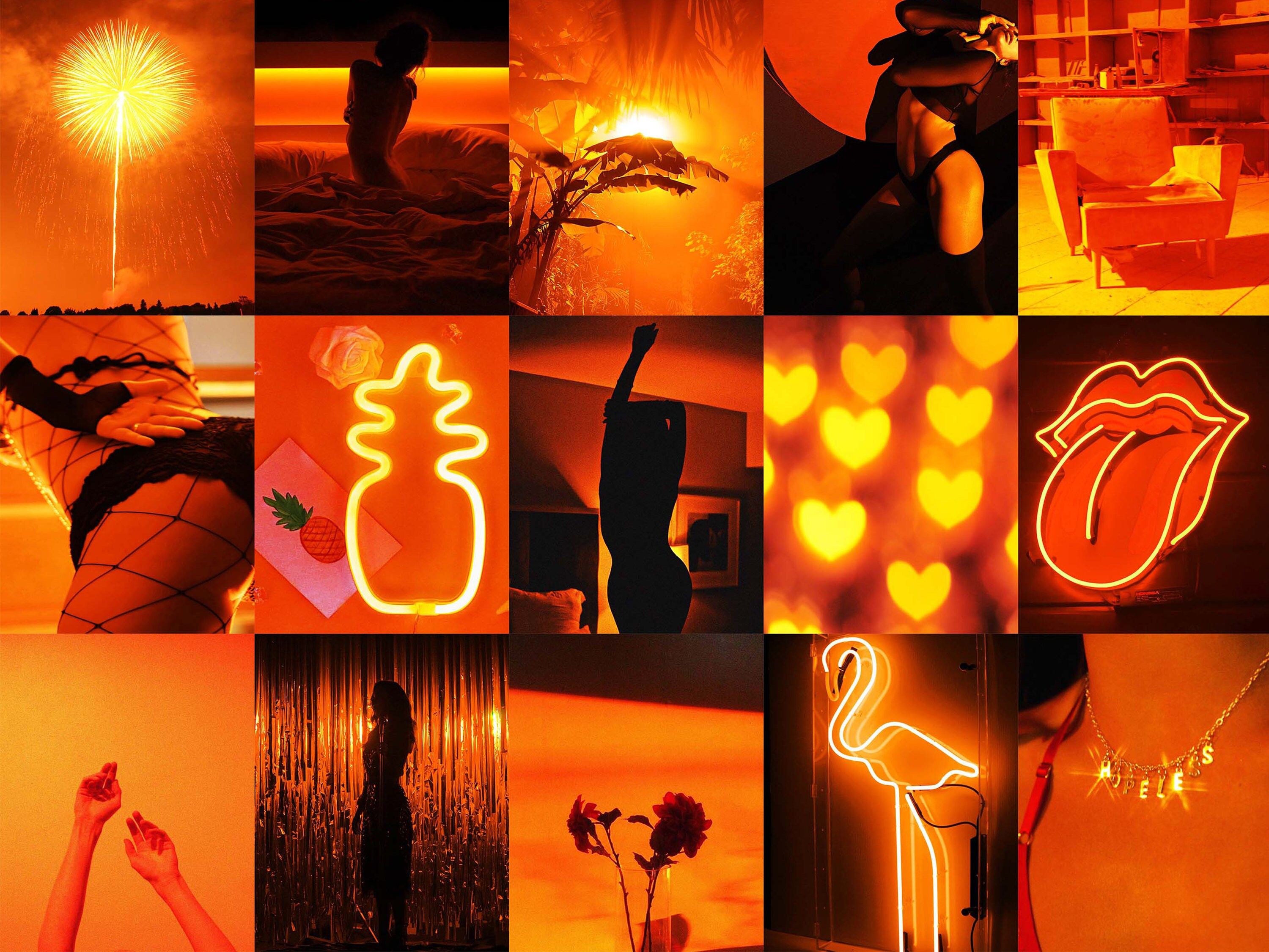 A collage of 15 different orange aesthetic photos. - Neon orange
