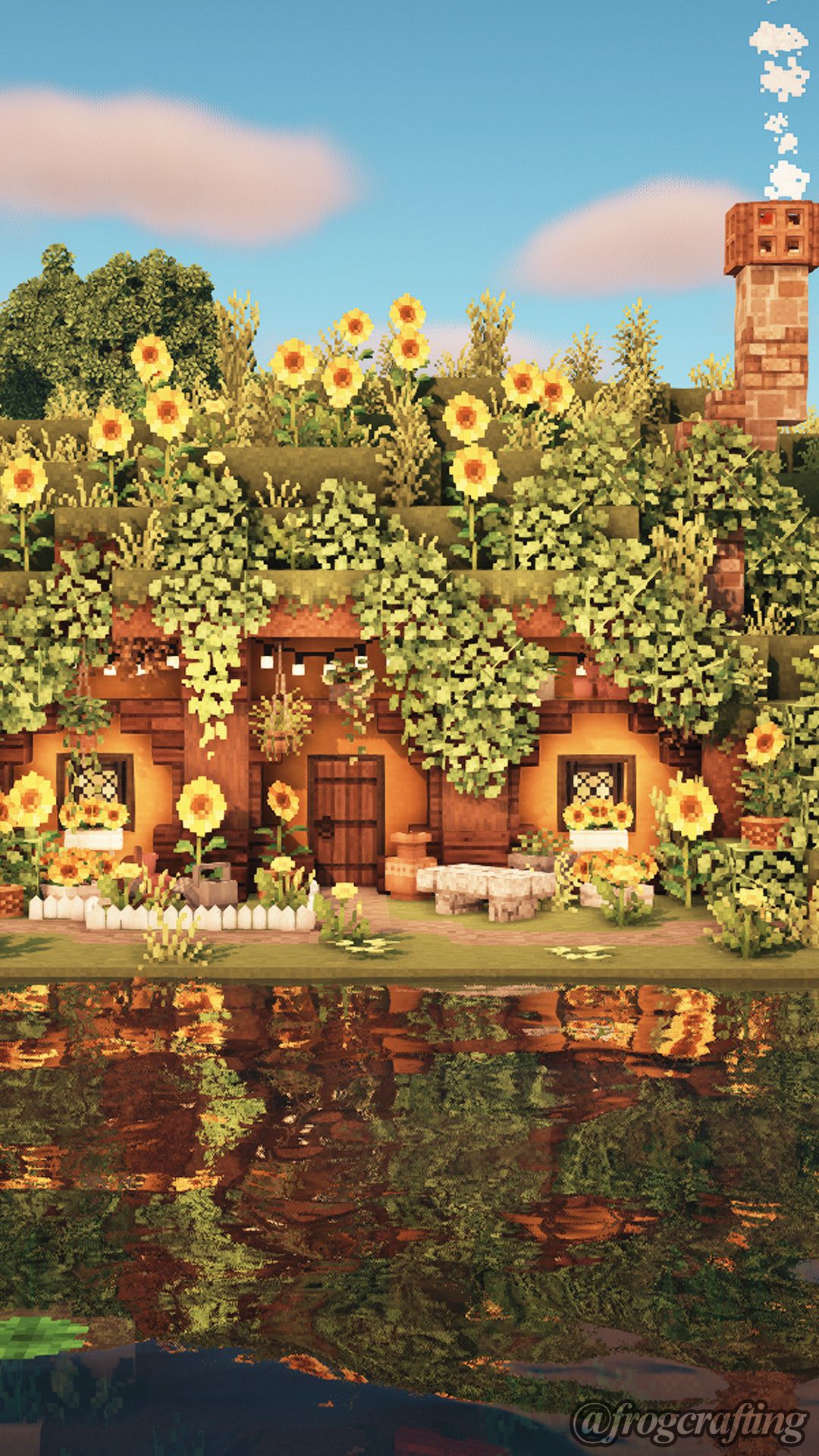 A Minecraft image of a small house with a thatched roof covered in sunflowers - Minecraft
