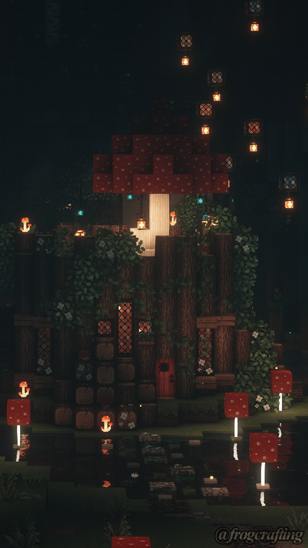 A small house built into a tree in the forest, surrounded by lanterns. - Minecraft