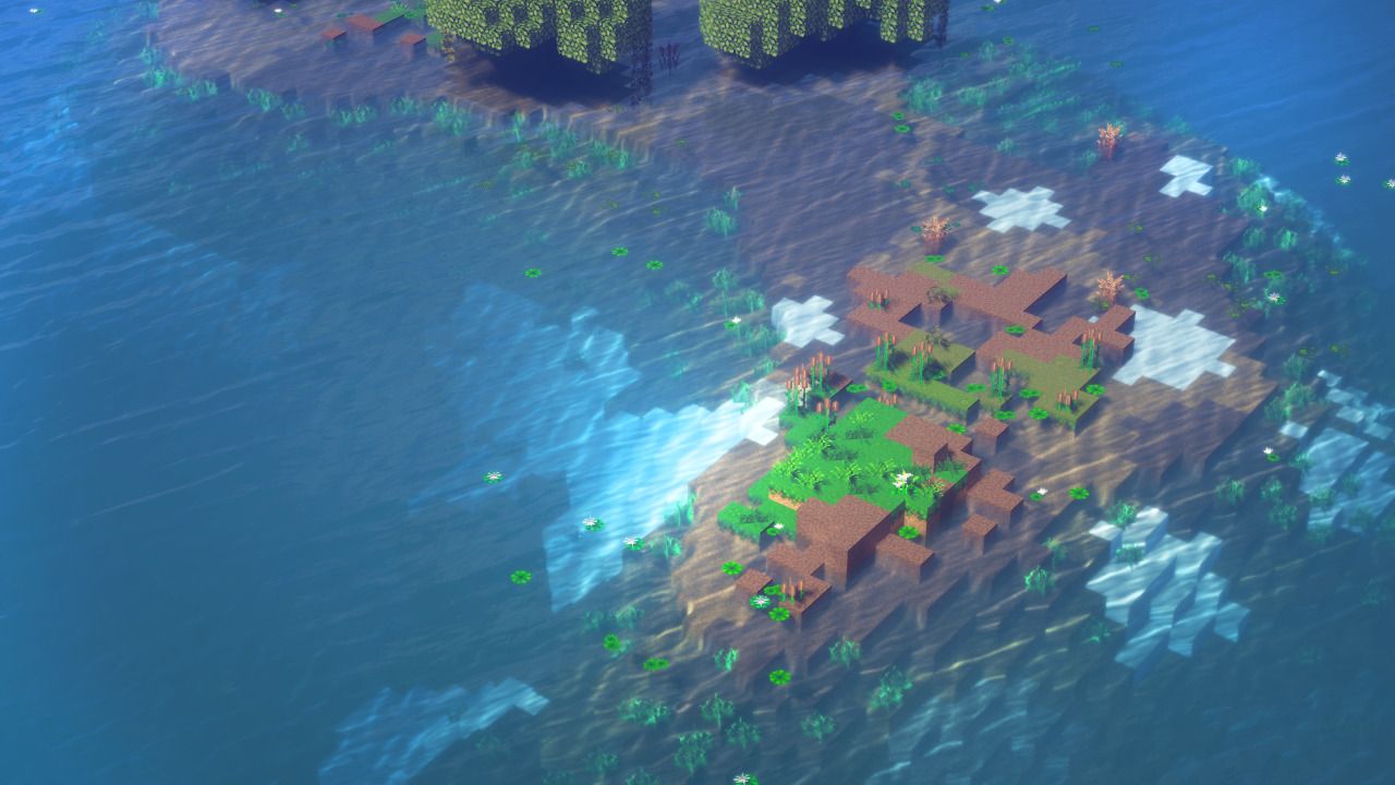 A screenshot of a Minecraft world with a small house on a small island - Minecraft