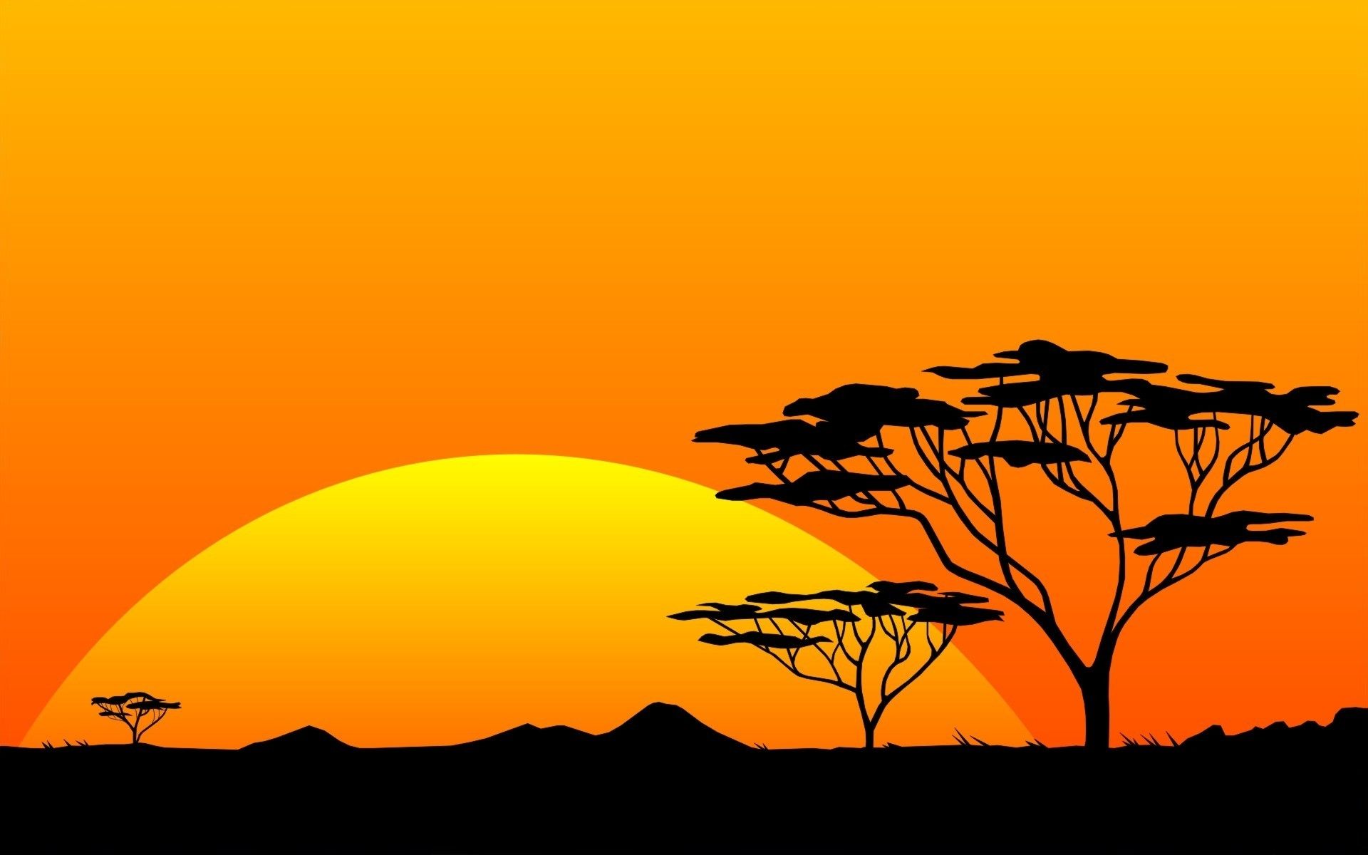 An illustration of a savannah landscape with trees and a sunset - Sun