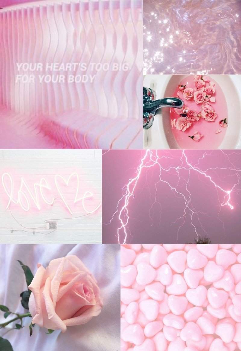 Aesthetic collage of pink lightning, a rose, a pink heart, and a pink neon sign - Soft pink