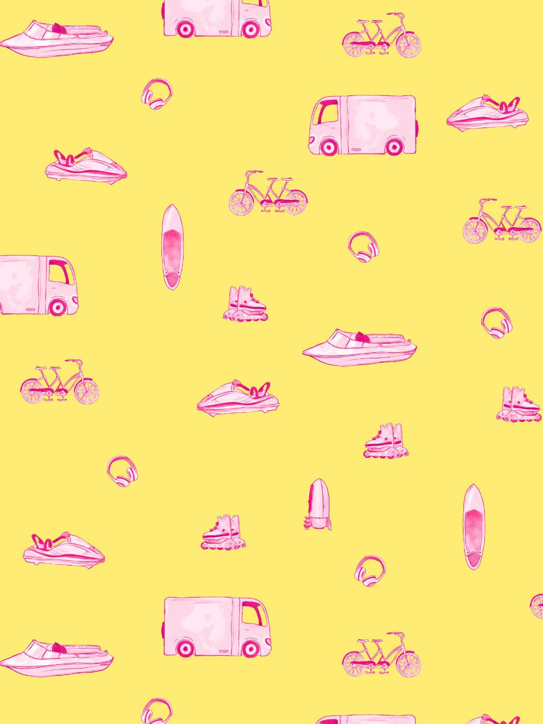 A pattern of various pink vehicles and sports equipment on a yellow background - Barbie