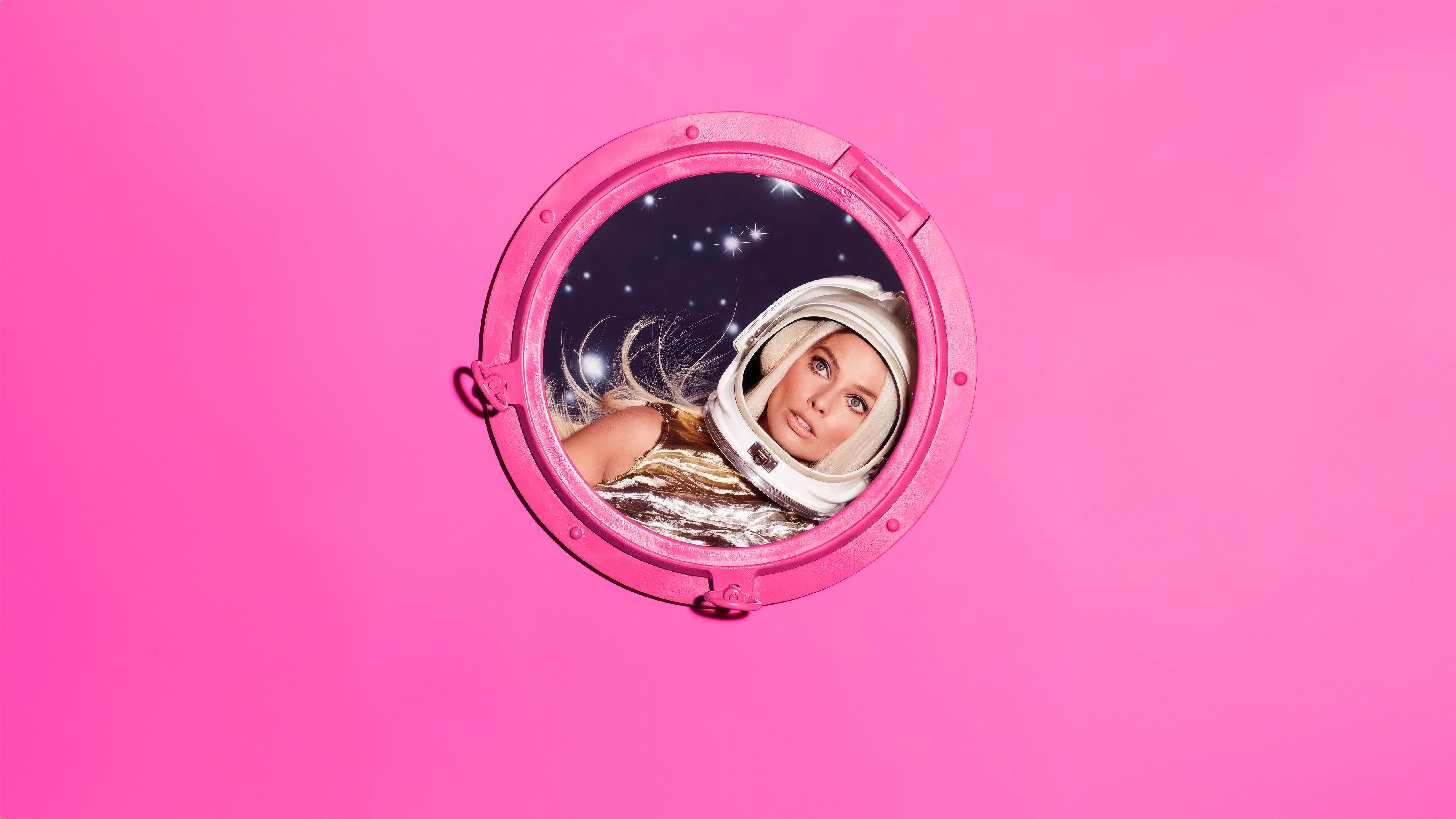 A woman in a spacesuit looking out of a window in space - Barbie