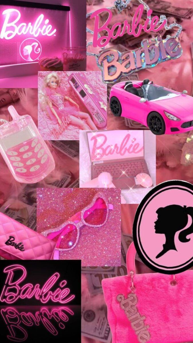 A collage of pink Barbie items including a car, sunglasses, and a purse. - Barbie
