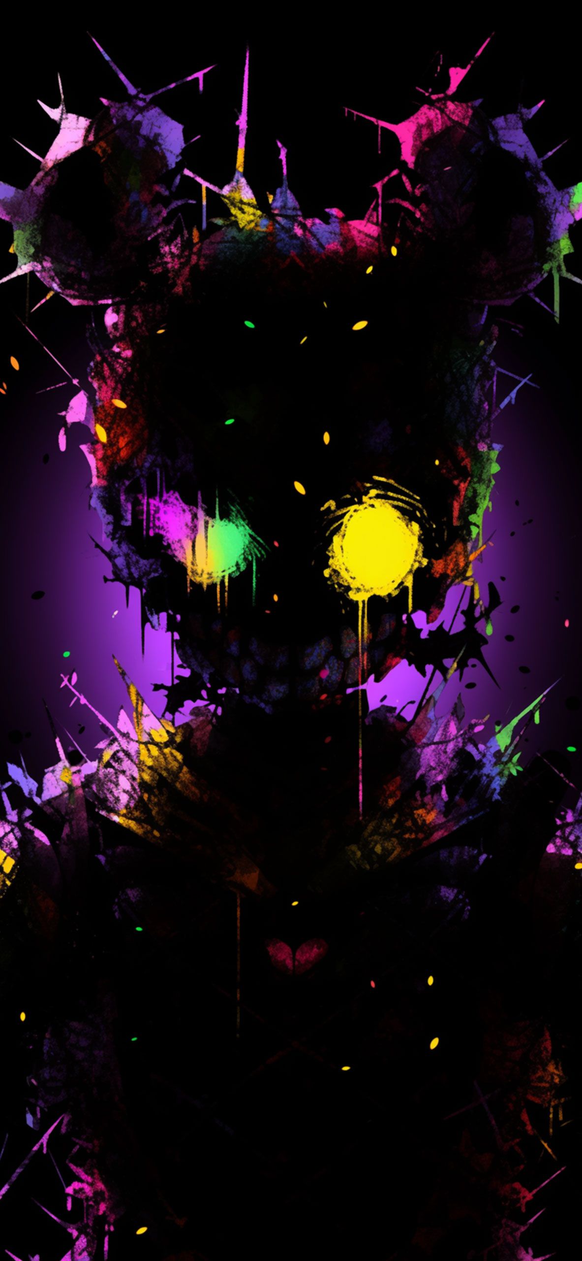 IPhone wallpaper with abstract art of a skull in black, purple, yellow, and green. - Creepy