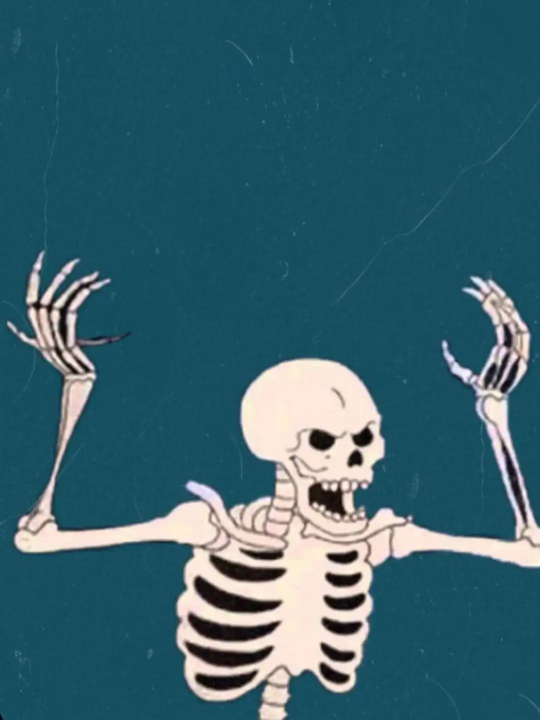 A skeleton holding up two arms in the air. - Creepy