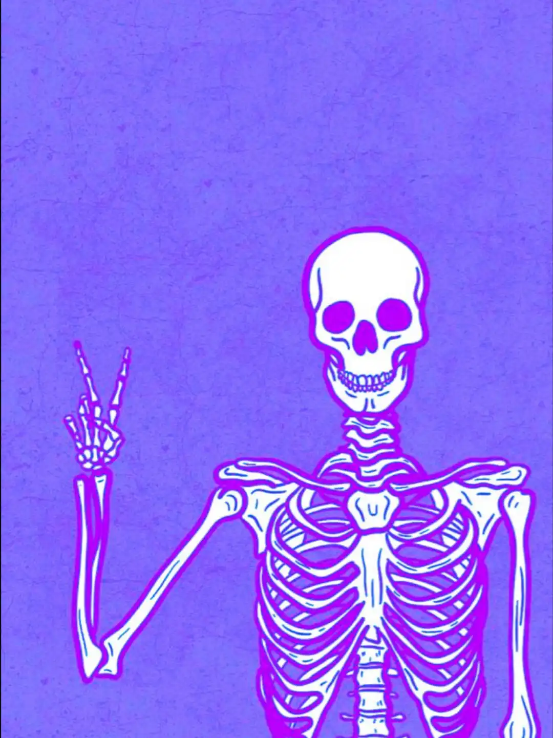 A skeleton in a purple background making a peace sign with its hand - Creepy