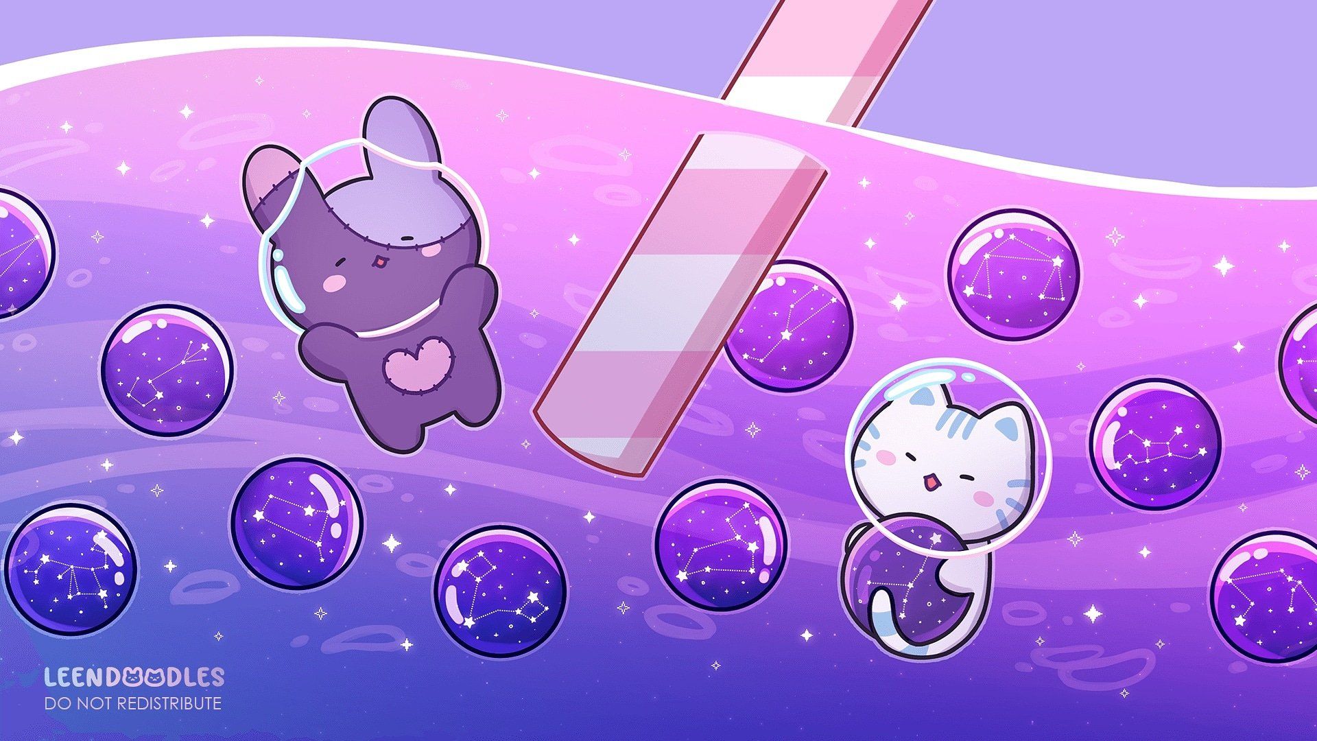 A cute illustration of a cat and a dog playing with bubbles - Boba