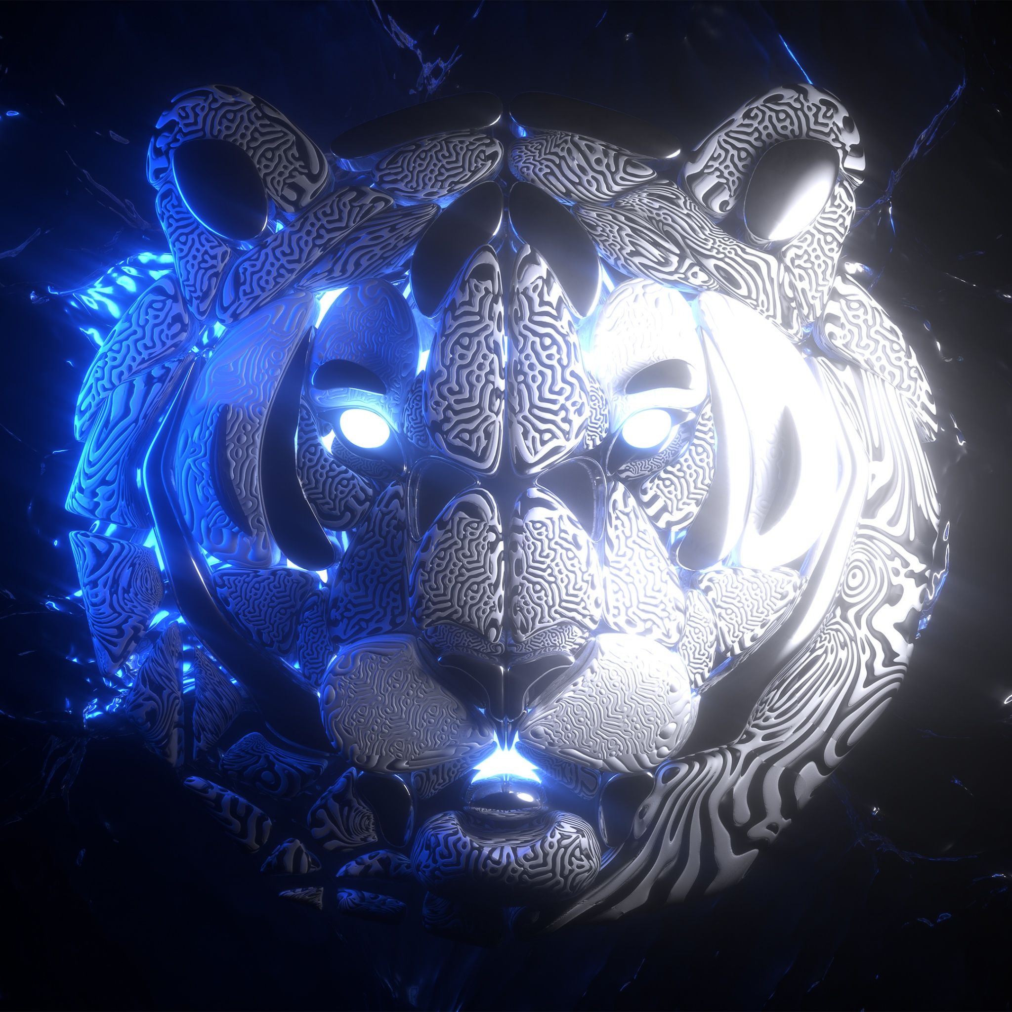 A digital artwork of a white tiger head with blue and white lighting - Tiger