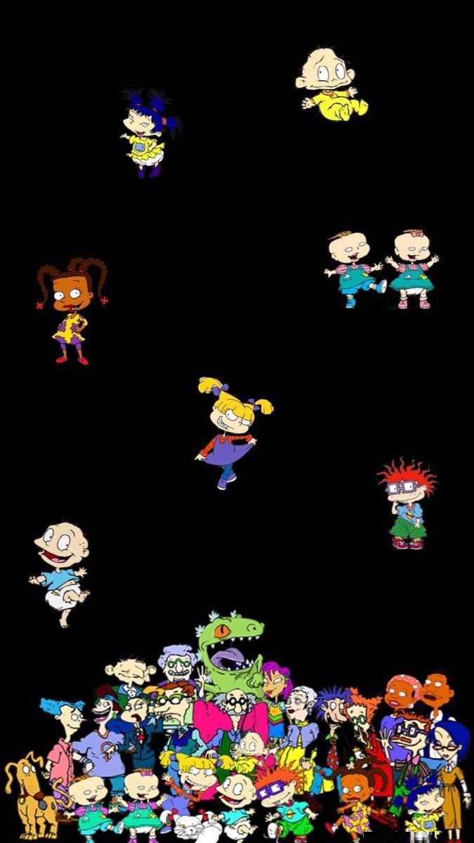 A black background with the rugrats and their friends and family floating in the air - Rugrats