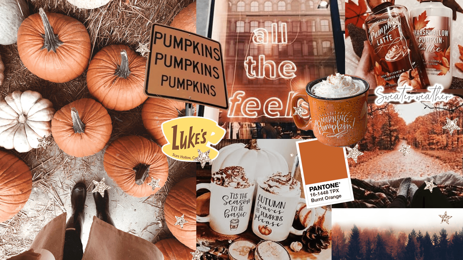 A collage of pumpkin spice latte cups, orange and brown leaves, and a sign that says 