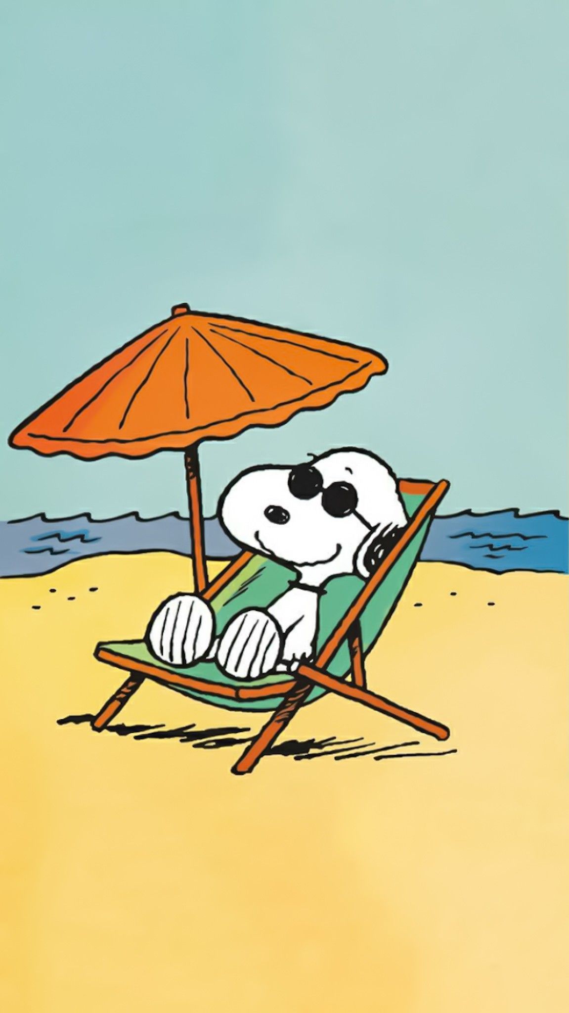 A cartoon of a dog sitting on a beach chair under an umbrella - Charlie Brown