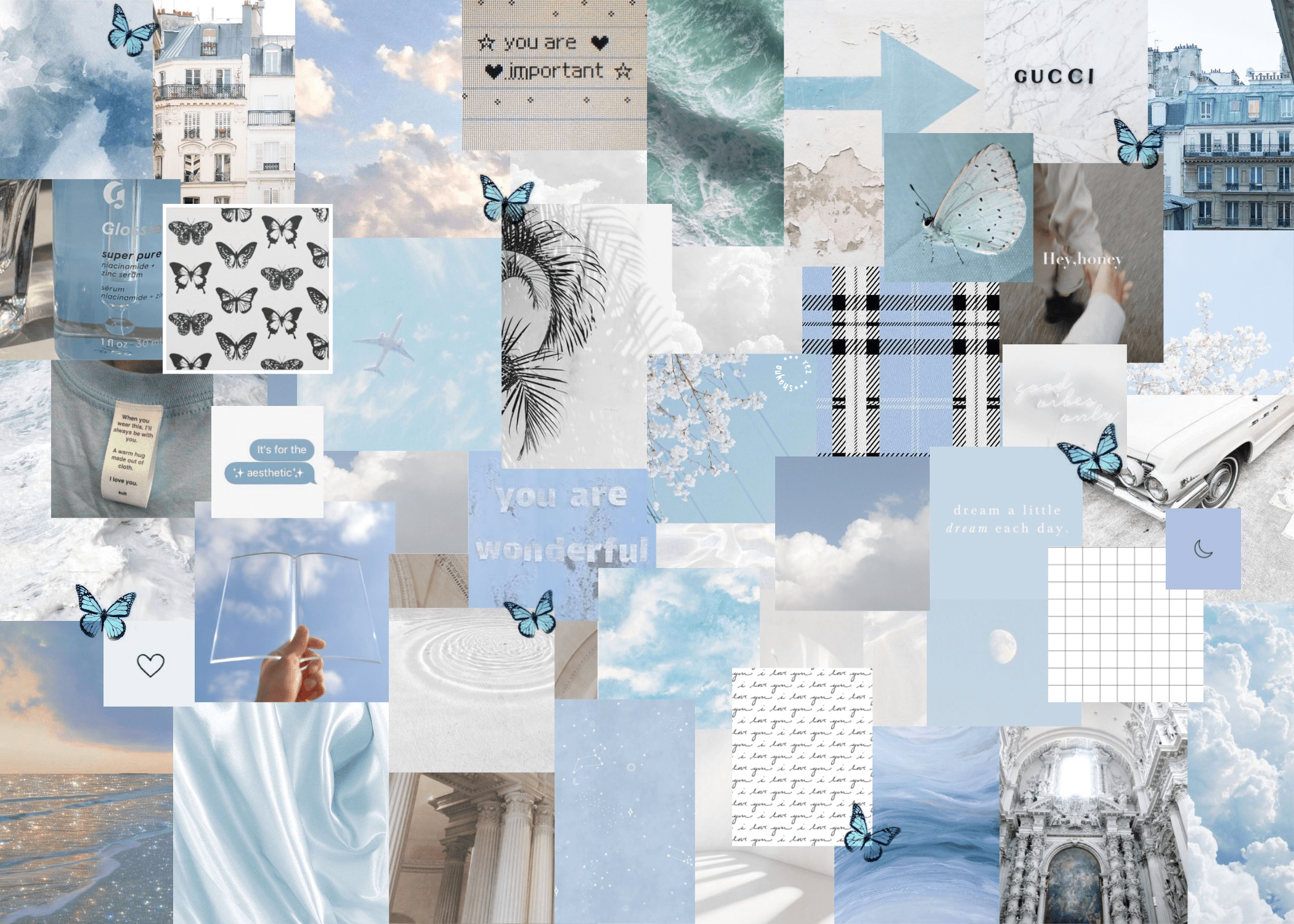 A collage of blue and white aesthetic photos. - Blue, laptop, warm, Vogue