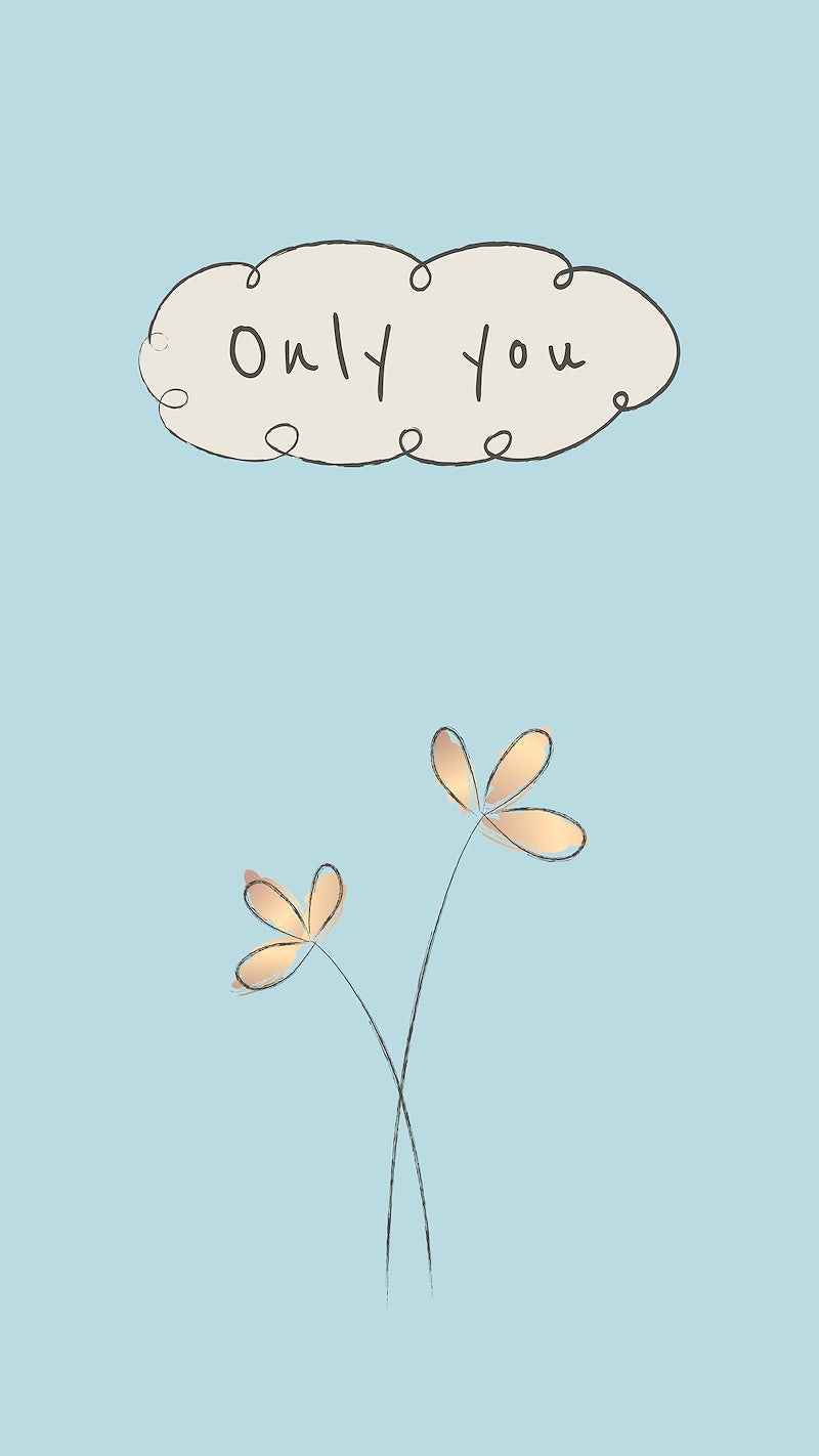 A light blue phone background with a small flower and the words 