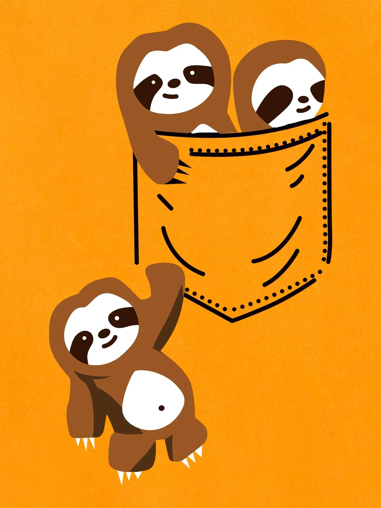 A baby sloth hanging out of a pocket on an orange shirt - Sloth