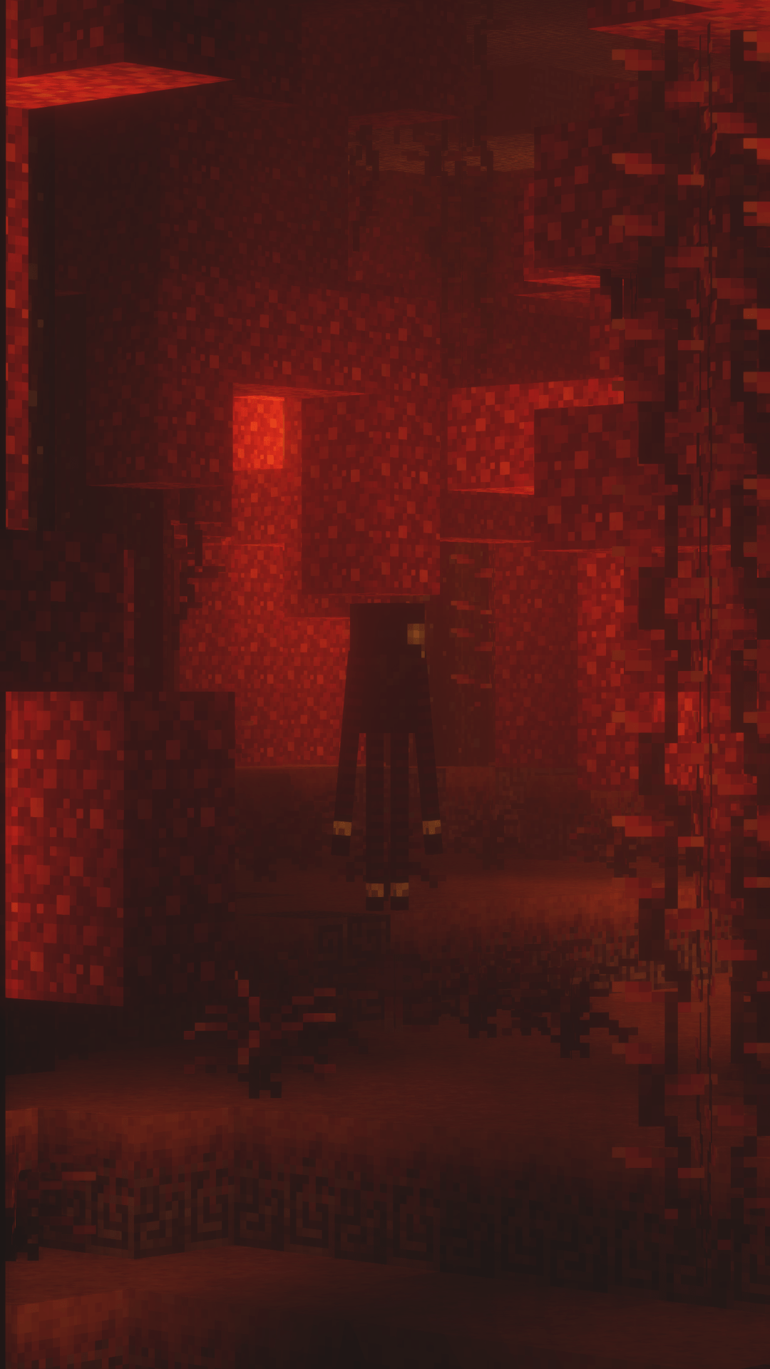 A red and black pixelated image of a man in a red room. - Crimson, Minecraft