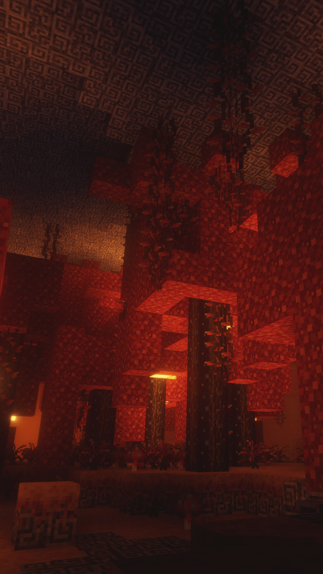 A screenshot of a Minecraft Nether fortress with a redstone roof - Crimson, Minecraft