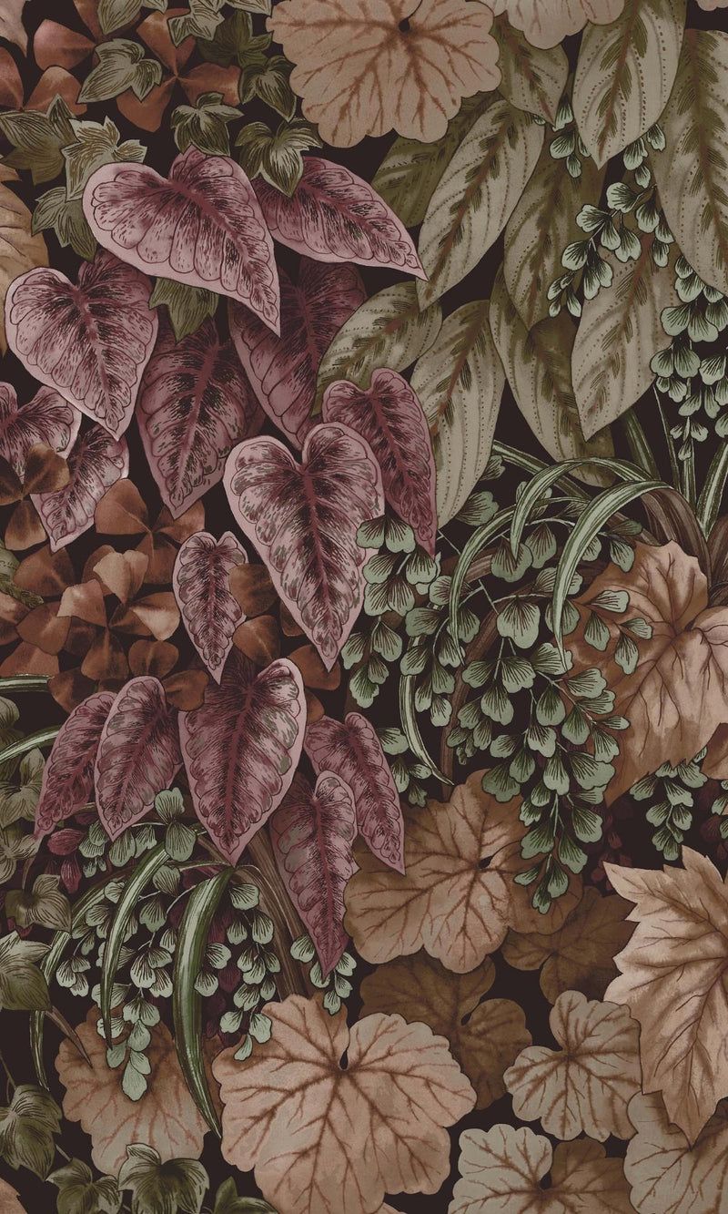 A close up of the fabric featuring a large scale print of leaves in shades of pink, green and brown. - Crimson, plants, botanical