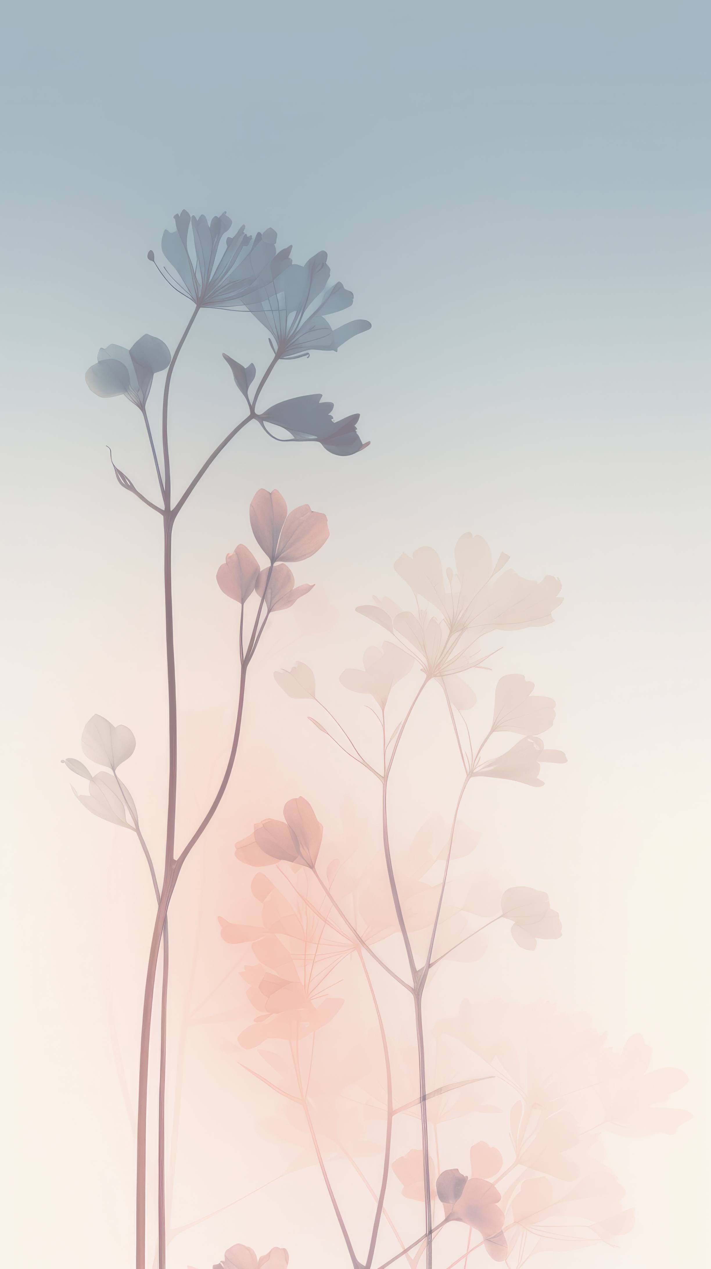 A soft and dreamy floral background image with a pastel color palette and a gradient effect. The image features a collection of delicate flowers and leaves in shades of blue, pink, and peach. - Pastel minimalist