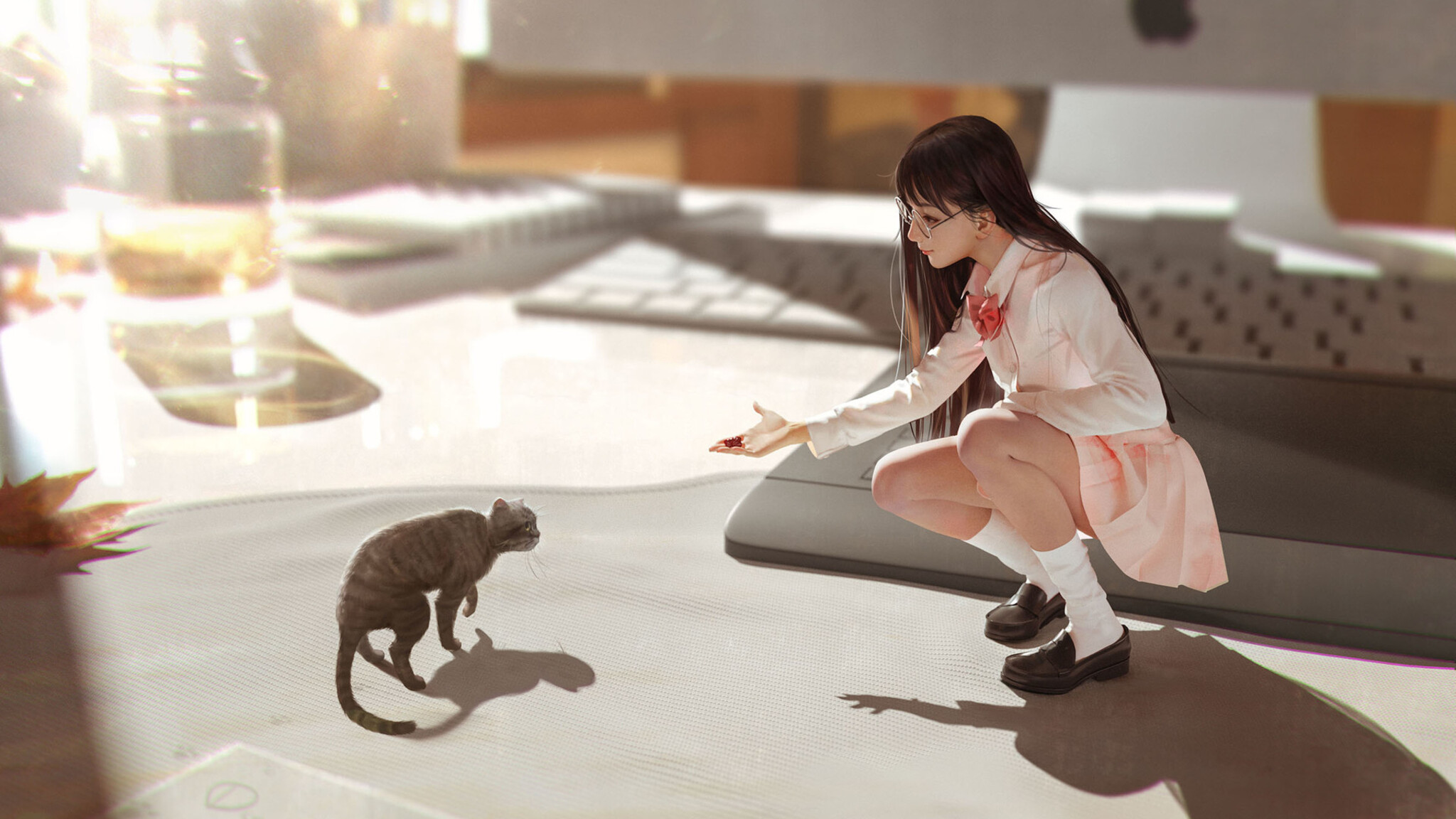 A girl in a pink dress playing with a cat. - Cat