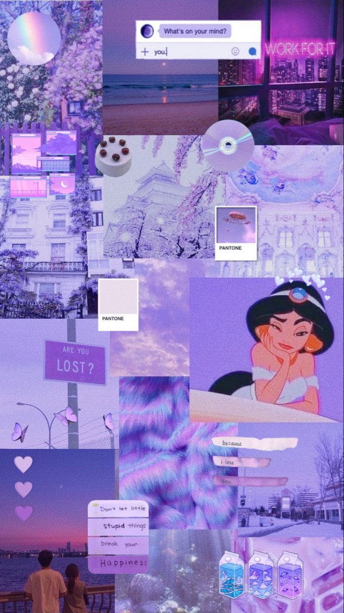 Collage of purple aesthetic images including a sunset, a girl, and a couple sitting on a bench. - Pastel purple