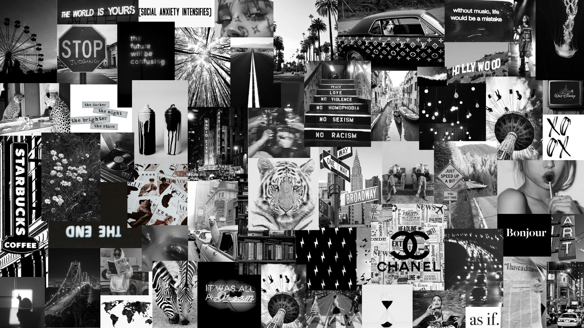 A collage of black and white images including Chanel, a tiger, and a stop sign. - Broadway