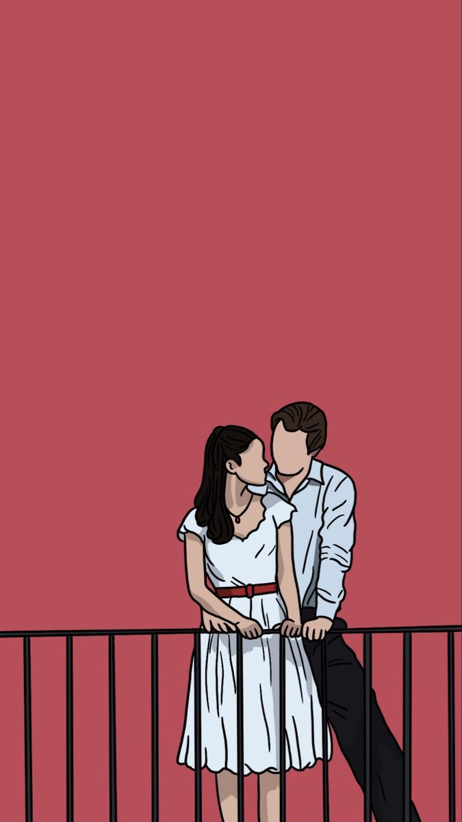 A couple leaning on a railing with a red background - Broadway