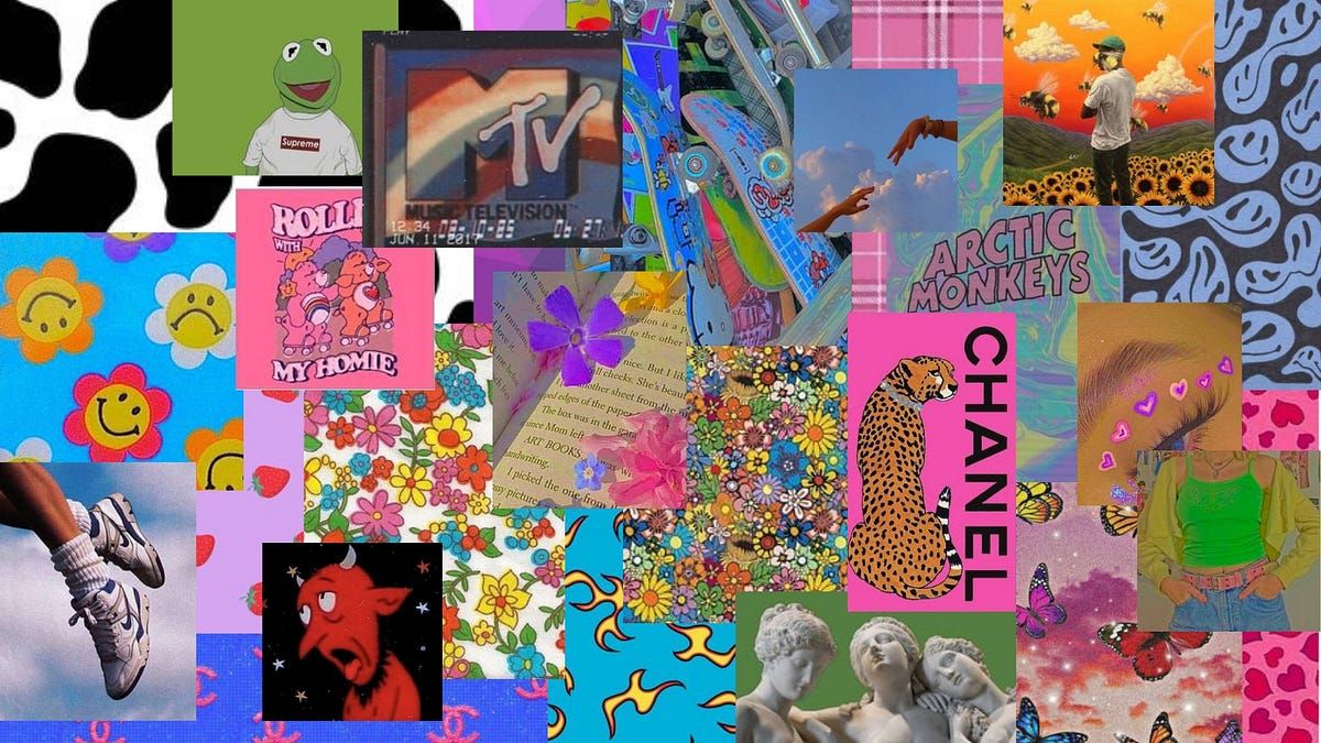 A collage of different pictures, including a shoe, a cow, a rainbow, a girl with a green top and butterflies, and a Chanel logo. - 2000s