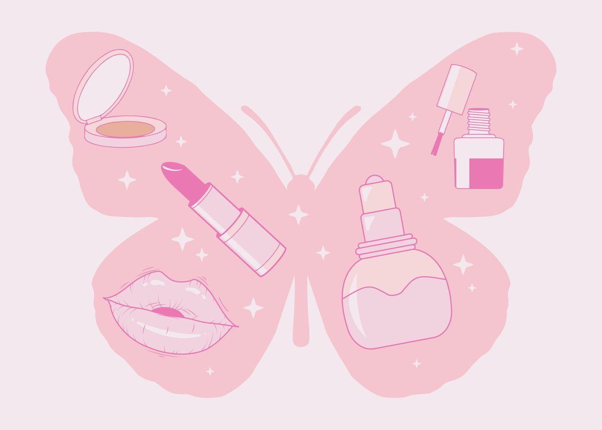 A pink butterfly with a lipstick, compact, nail polish, and perfume bottle as its body. - Coquette