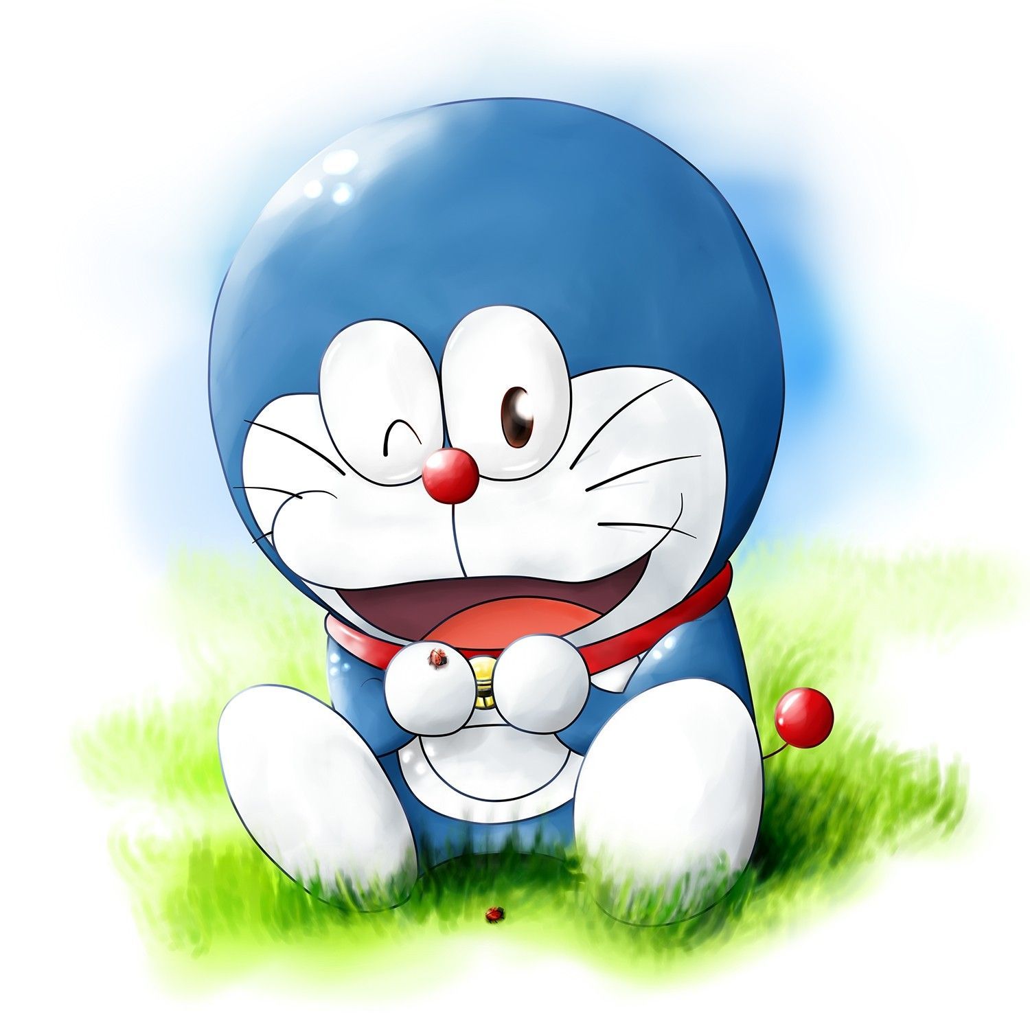 Doraemon cartoon wallpaper with a white and blue cat sitting on grass - Doraemon