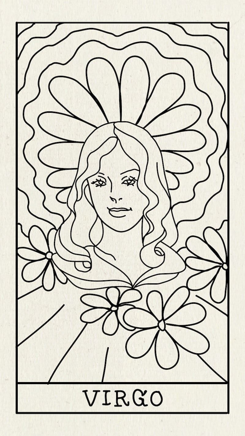 Illustration of Virgo zodiac sign with a woman's face surrounded by flowers - Virgo