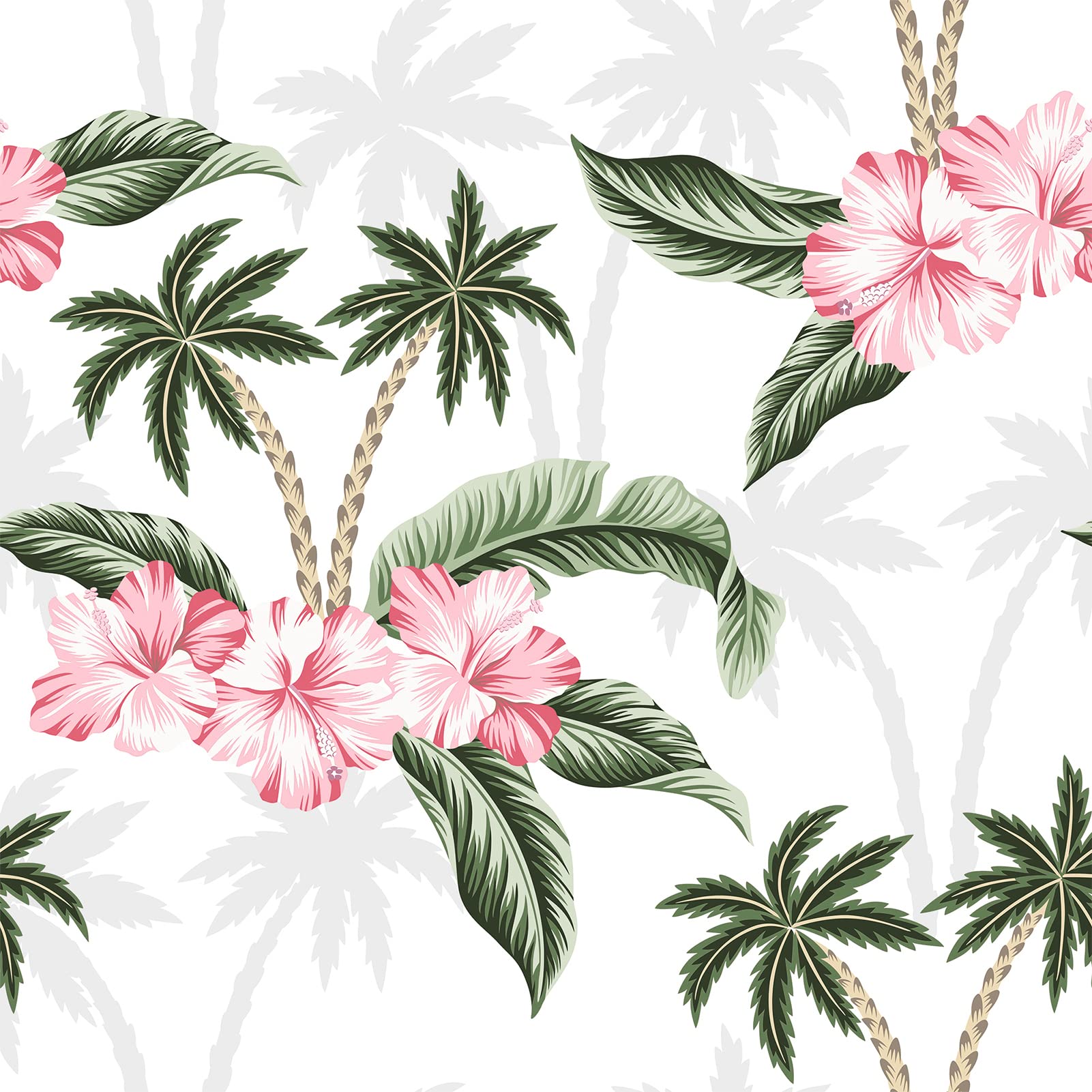 A seamless pattern with tropical palm trees and pink hibiscus flowers - Botanical