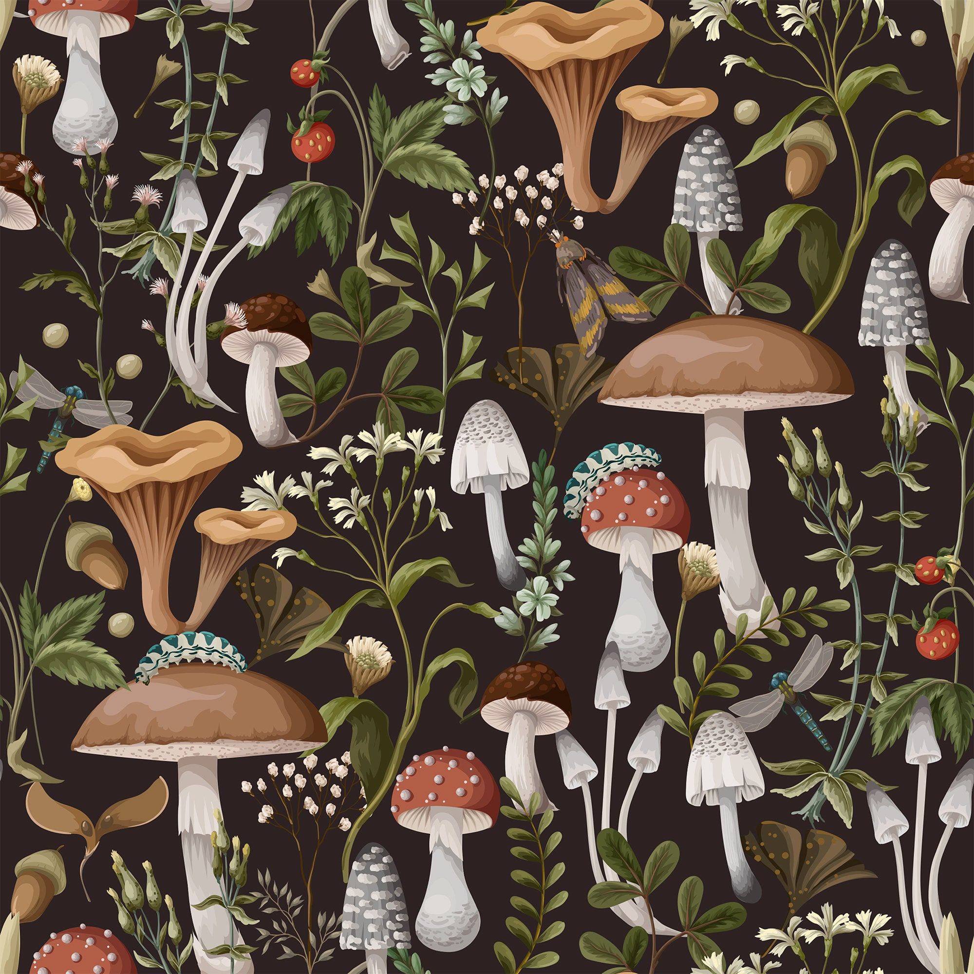 A black background with a pattern of mushrooms, leaves, and berries. - Botanical