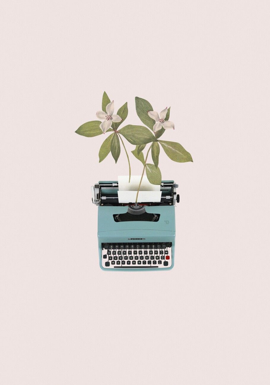 A blue typewriter with a plant growing out of it. - Botanical, vintage