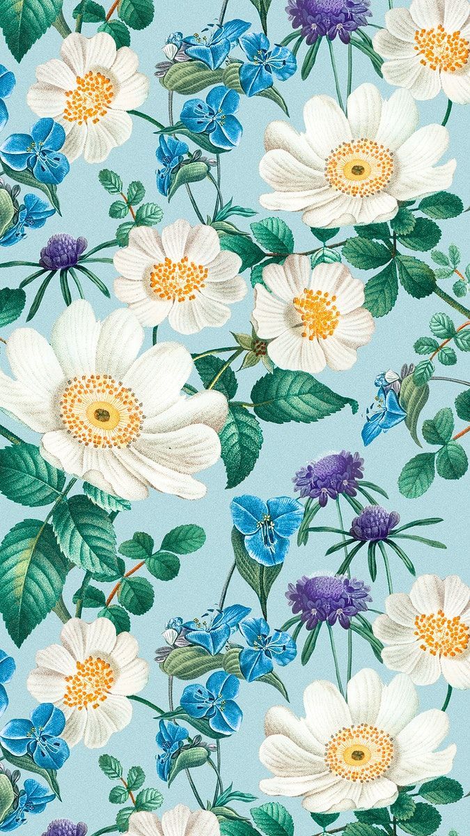 A blue background with white, yellow and purple flowers - Botanical