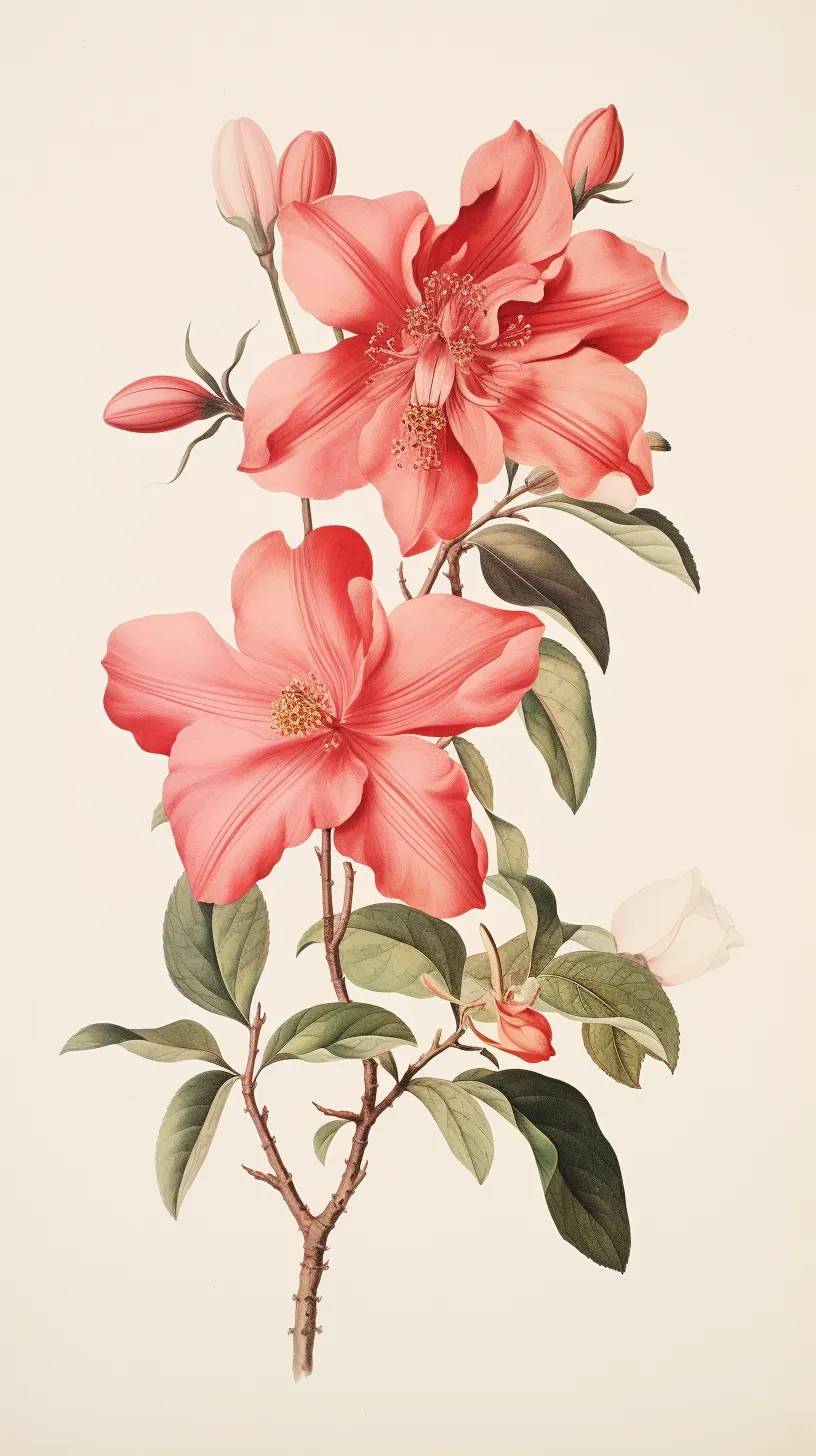 A painting of two pink flowers on a branch - Botanical, coral