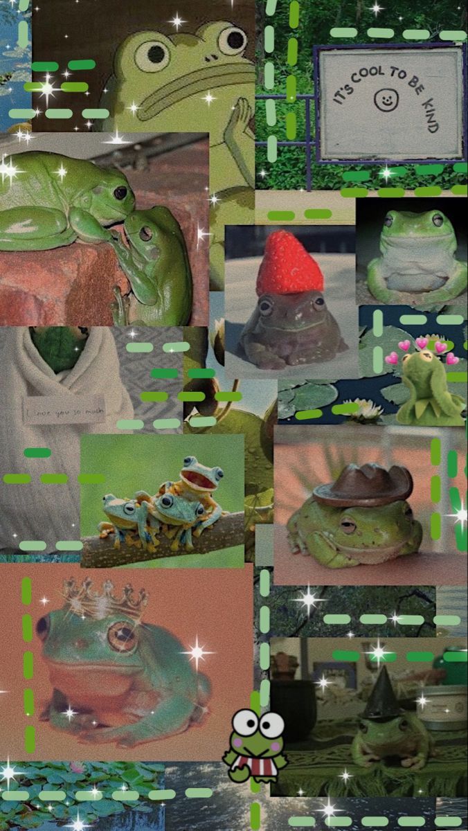 A collage of frogs, some green and some pink, with a green and pink gradient background. - Frog