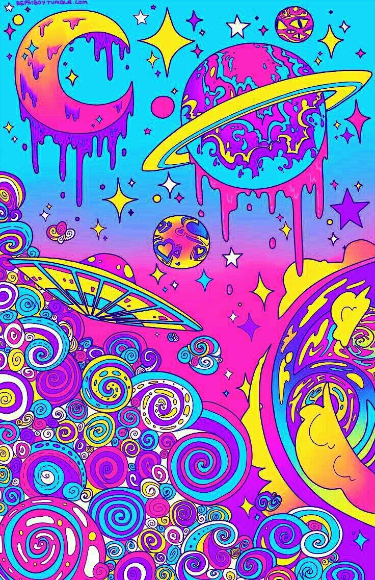 A colorful and trippy wallpaper with planets, stars, and dripping paint. - Psychedelic