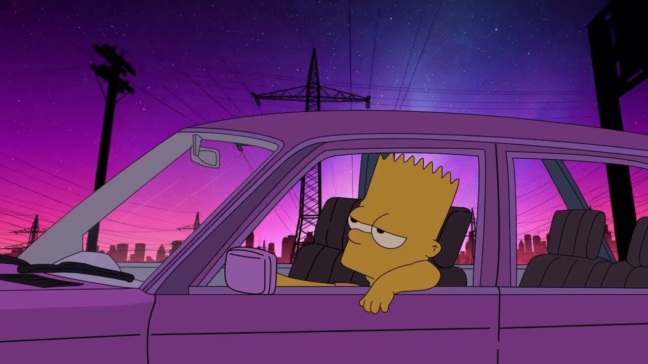 Bart Simpson sitting in a car with a purple sky behind him - Bart Simpson