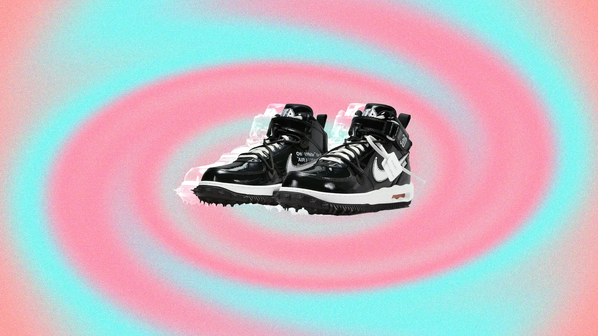 A pair of black Nike sneakers with white soles on a pink and blue background - Off-White