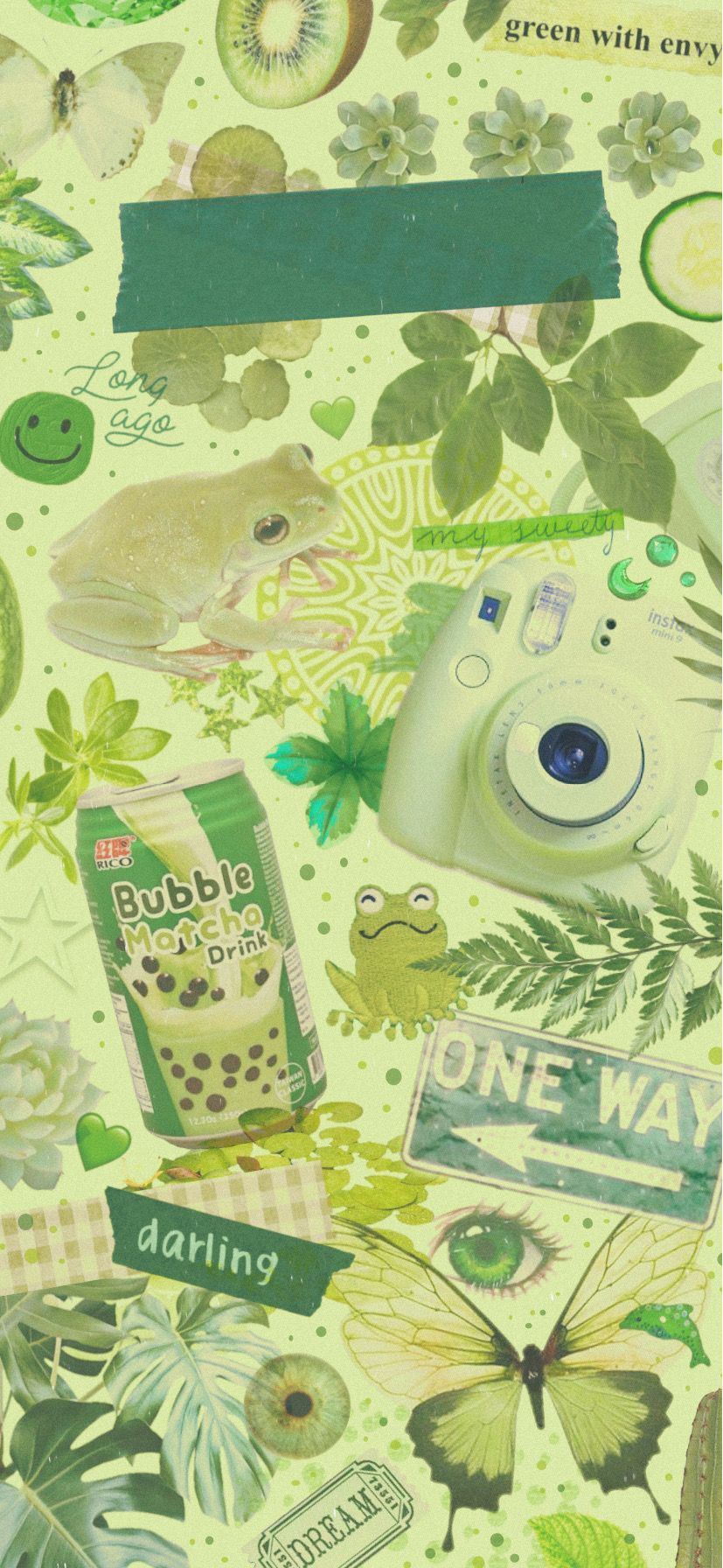 Collage of green items including a camera, butterfly, and drink - Frog